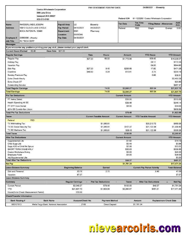 Costco Wholesale Corporation pay statement